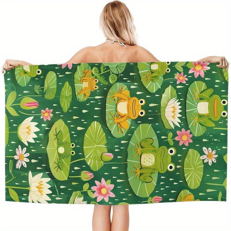 

Beach Towel Frog and Water Lily Pattern Sun Protection Windproof Suitable for Swimming Pool Camping Travel Blanket W30*H60(CM)