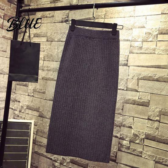 Solid Color Midi Skirt Women Knitting High Waist Back Slit Design Soft Breathable Thickened Warm Hip Wrapped