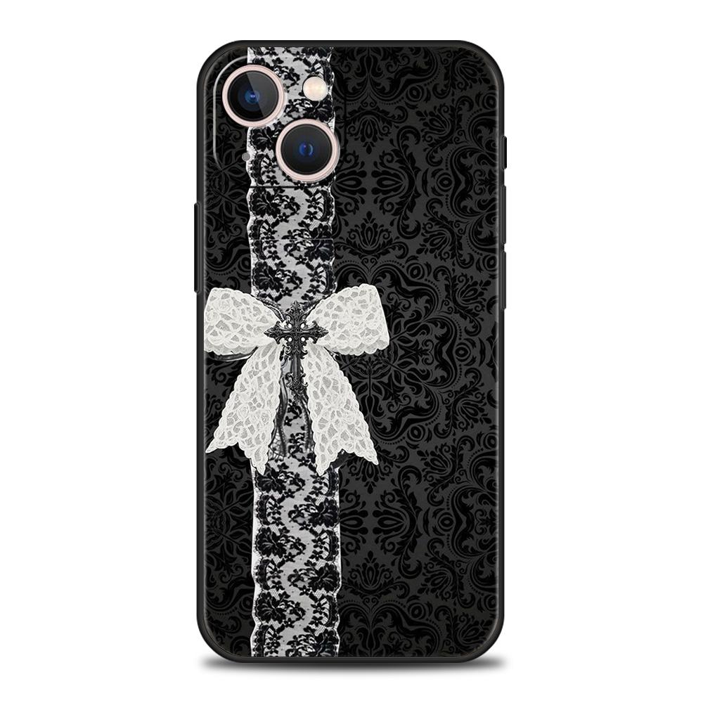 Phone Case Cover for iPhone 17 16 15 14 13 12 Pro Max 11 Pro Max 17AIR Plus Shockproof Soft TPU Black Bowknot Faux Pearl Painted