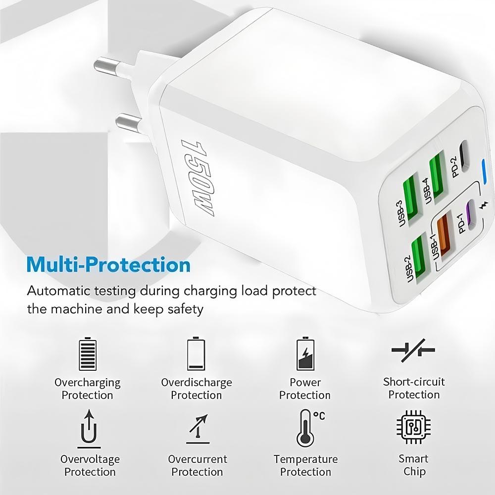 150W 6 Ports USB Charger PD Fast Charging Charger Wall Adapter EU Plug Charger Quick Charge 3.0 Multi Ports Power Adapter