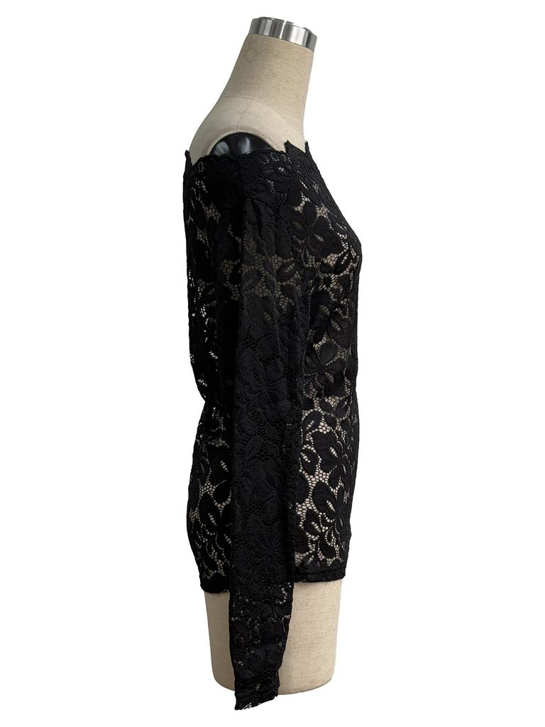 Women Fan Trim Off Shoulder Lace Top Single Layer Long Sleeve Slim Casual Daily Wear