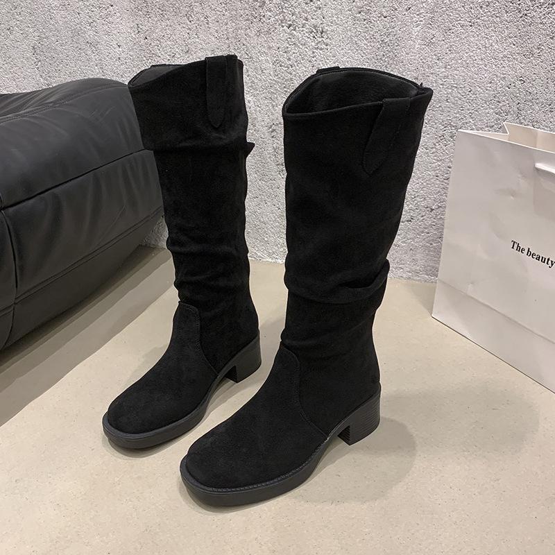 Pleated pile boots 2025 new thick heel knight boots fashion temperament but knee boots thick sole fashion boots tide
