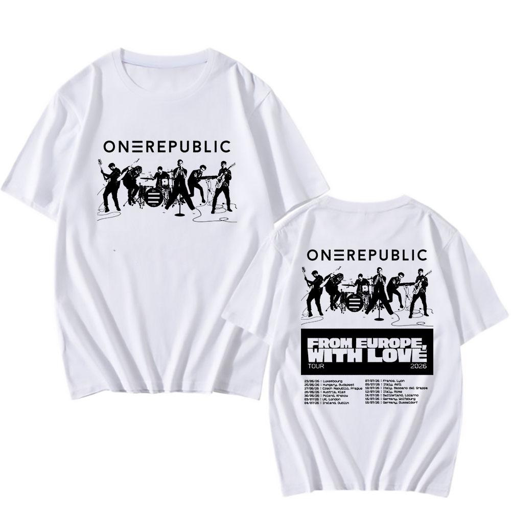 

OneRepublic From Europe, with Love Tour 2026 T-shirt O-neck Summer Short Sleeve Mens Tshirts Graphic Merch Band Design Print Tee XS белый