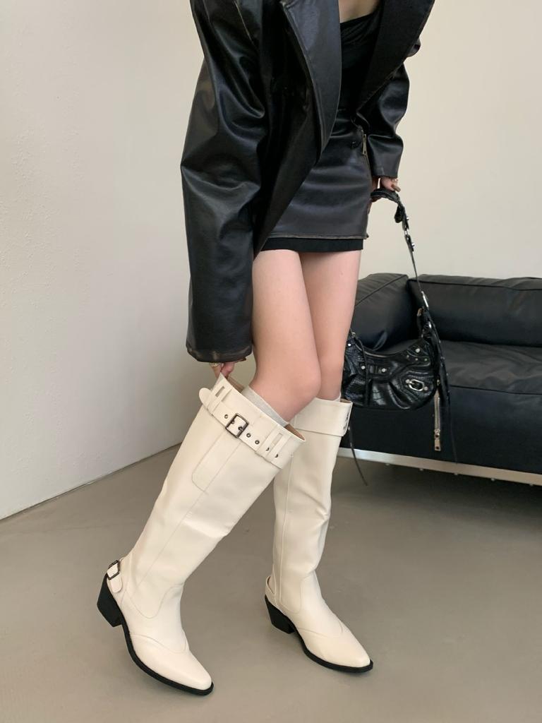 2025 Autumn and Winter New Knee Boots Women's Khaki Suede Pointed Boots Children Thick Heel Thin Pleated Piled Boots