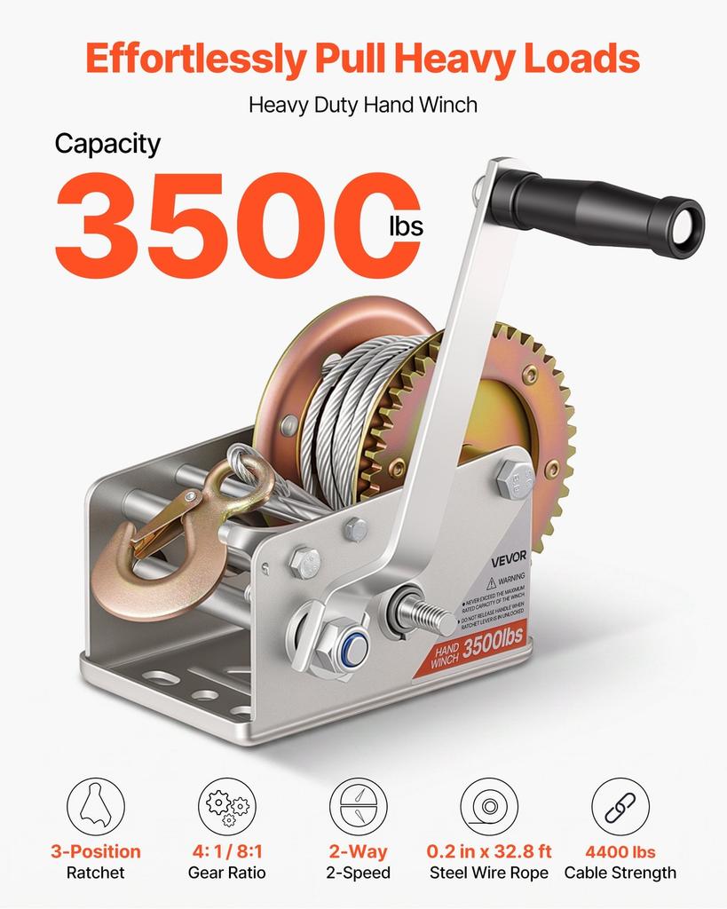 Cabrestante de Barco, Cabrestante Manual de 1588 kg, Manivela Manual Resistente con Cable de Acero de 10 m, Trinquete Bidireccional Portátil, Interruptor de 2 Velocidades, Engranaje con Mango Antideslizante