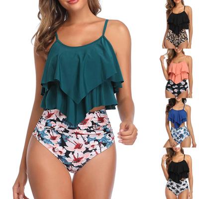 2Pcs/Set Split Bikini Coconut Tree Print Spaghetti Straps Babados Duas peças Slim Maiô