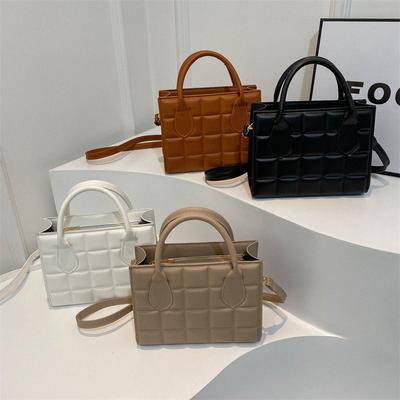 Checked Indentation Solid Color Fashionable Texture Women'S Hand-Held Large Capacity Shoulder Crossbody Small Square Women'S Bag