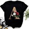 Fashion Golden 26 Letters Flower Harajuku Print Ladies T-shirt Casual Basics O-collar Black Shirt Short Sleeve Ladies T-shirts