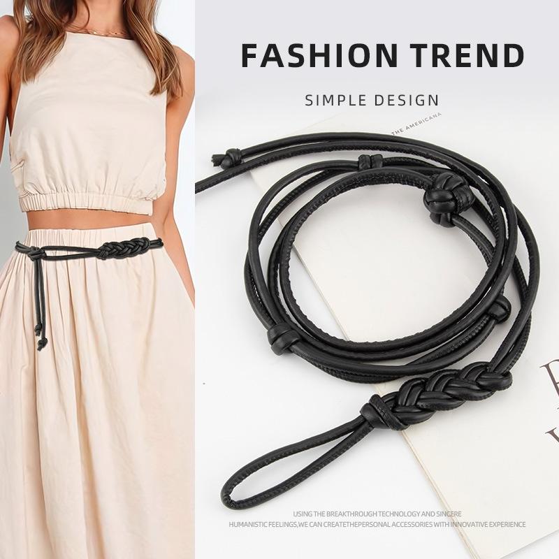 European and American Style Simple Retro Hand-woven Knotted Waist Chain for Women's Pu Black Versatile Waist Rope