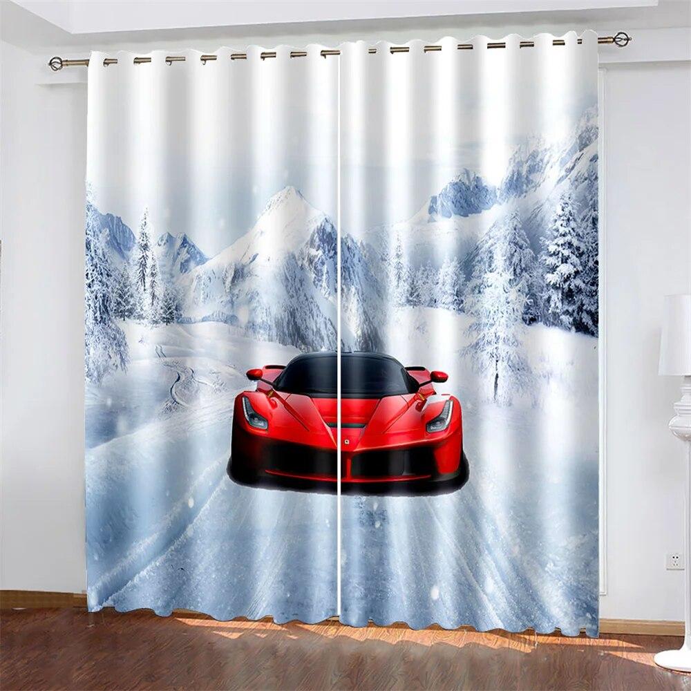 3D Trendy City Sports Car Scenery 3D Printing Semi Sunshade Window Curtain Polyester Fabric For Bedroom Hook Accessories  2pcs