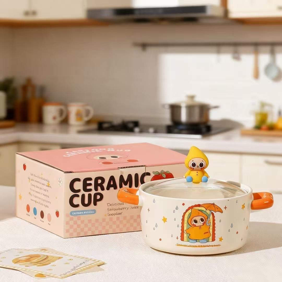 

Creative personalized ceramic bowl with lid Children s household set High value large capacity ceramic tableware Cartoon souvenir ≈780ml