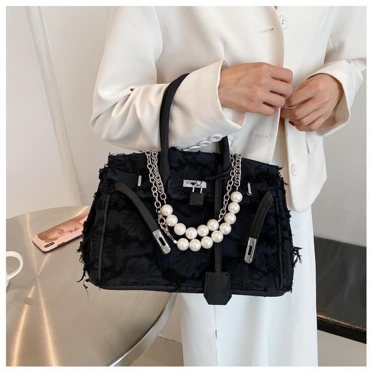 Vintage Denim Handheld Bag For Women With Pearl Chain Crossbody Purse For Daily Use