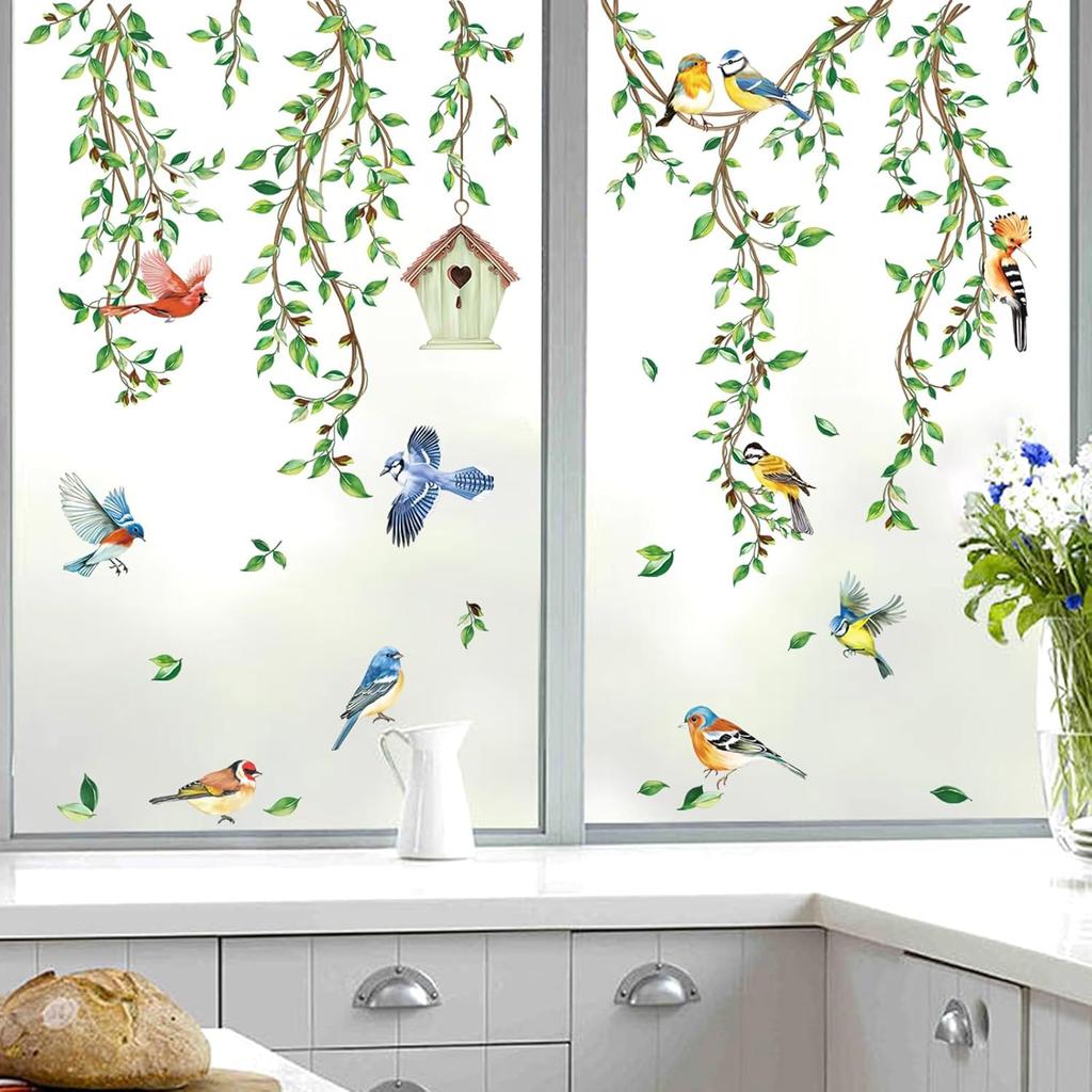 Decalmile Spring Summer Hanging Green Vine Double Sided Window Clings Birds Tree Leaves Decals Anti-Collision Glass Stickers