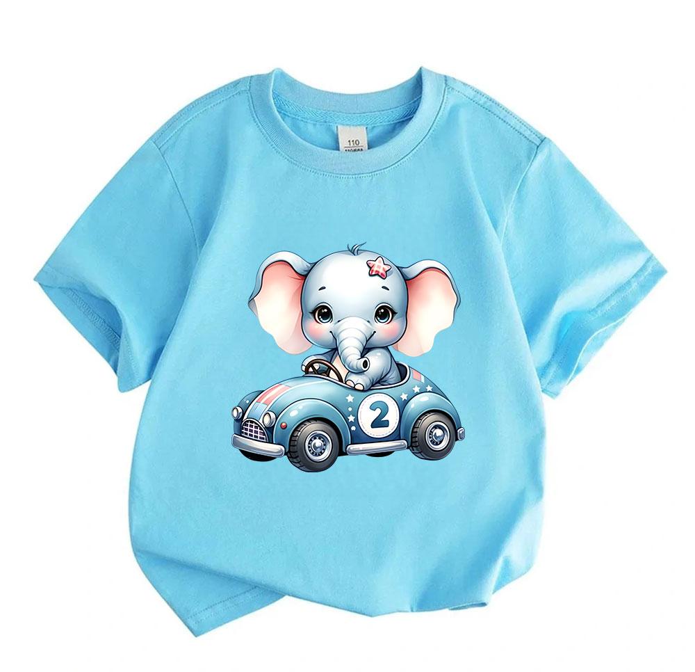 Kids Boys Girls 100% Cotton Crew Neck Short Sleeve T-Shirt, Cute Cartoon Baby Elephant Driving Racing Car Number 2 Print Casual Soft Summer Tee Tops F