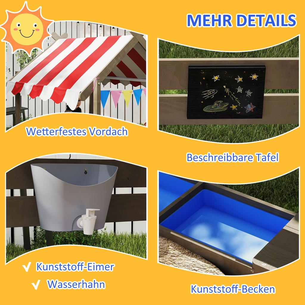House-Designed Wooden Sandbox, Outdoor Sandpit, with Blackboard, Toys, Sink, Seats, Flags, for Ages 3-7 Years - Grey
