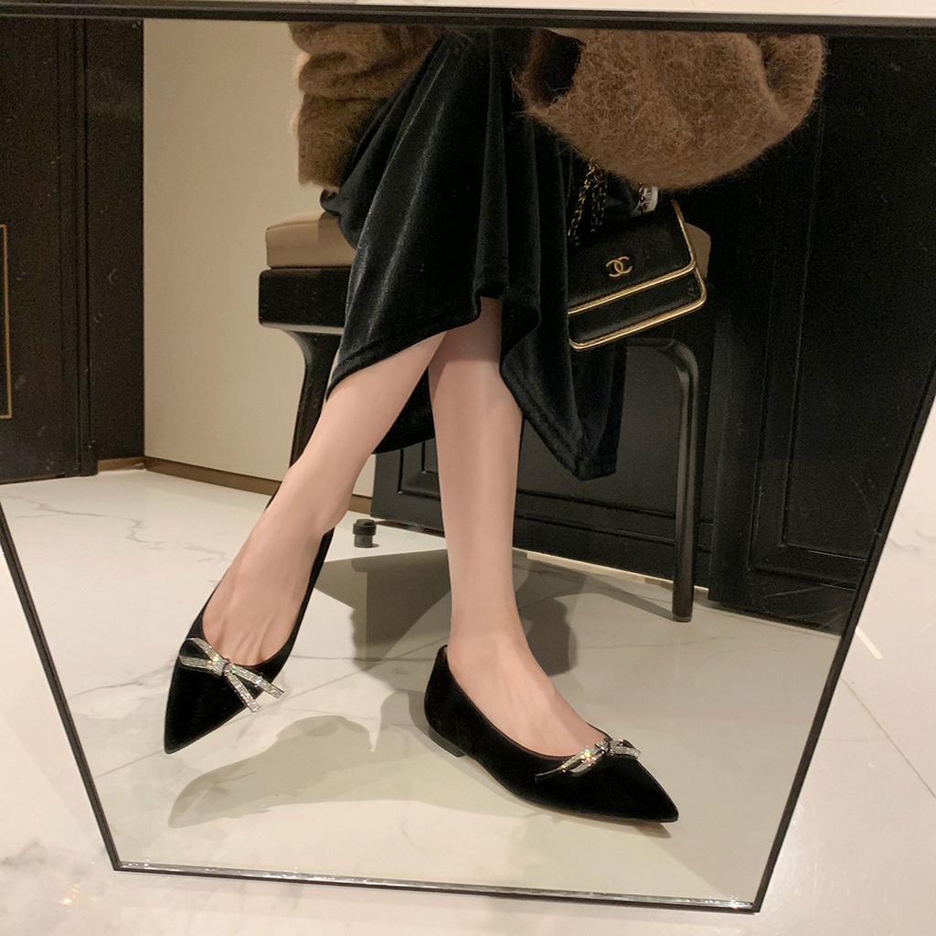 Pointed Rhinestone Bow Flat Shoes Women's High Heels Commuting