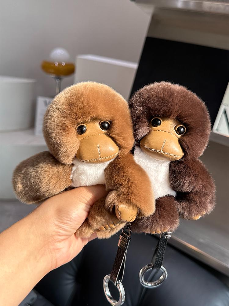 [Cute Little Monkey] Real Rex Rabbit Hair Car Keychain Pendant Ins Internet Celebrity Plush Doll Bag Pendant