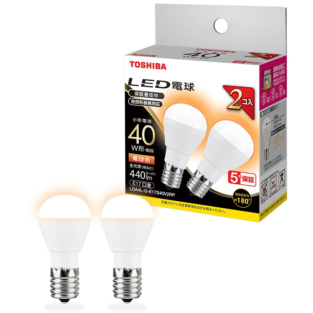 TOSHIBA LED Light Bulb, E17 Base, A-type, 40W Equivalent, Wide Beam Angle, Warm White, 2-prong Socket, Suitable for Enclosed Fixtures,