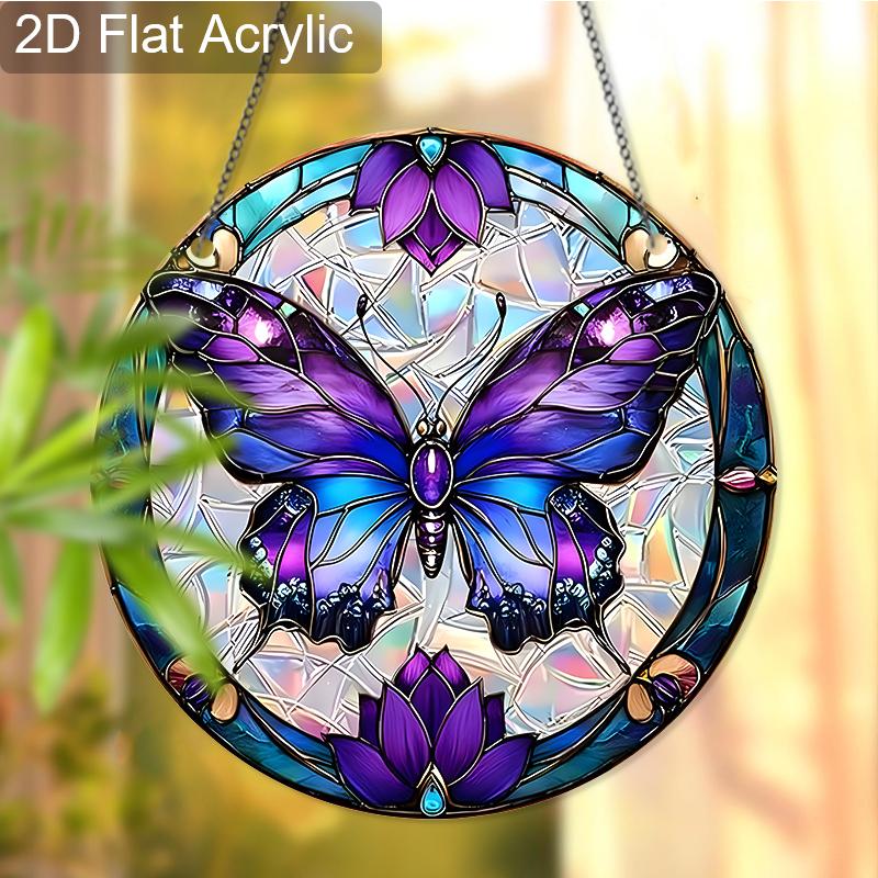 Acrylic Purple Butterfly with Floral Suncatcher, Stained Glass Style Window Hanging for Nature and Butterfly Lovers