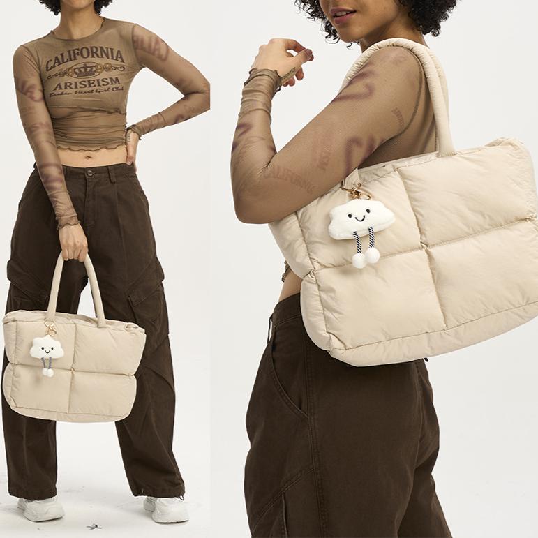 Fashion Simple Lattice Cotton Filled Bag Women's Large Capacity Soft Bag Lightweight Handbag