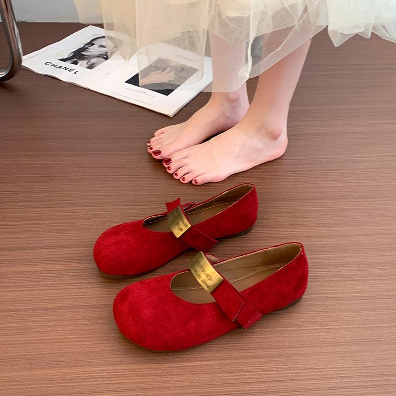 Metal Buckle Soft Sole Mary Jane Shoes Women's 2025 Spring New One-word Buckle with Round Head Temperament Single Shoes Flat Grandma Shoes
