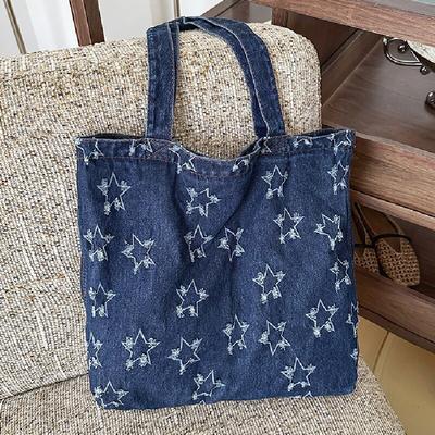 Borsa a Spalla Singola Borsa Tote in Tessuto di Jeans Grande Capacità Casual Semplice Retrò e Artistica