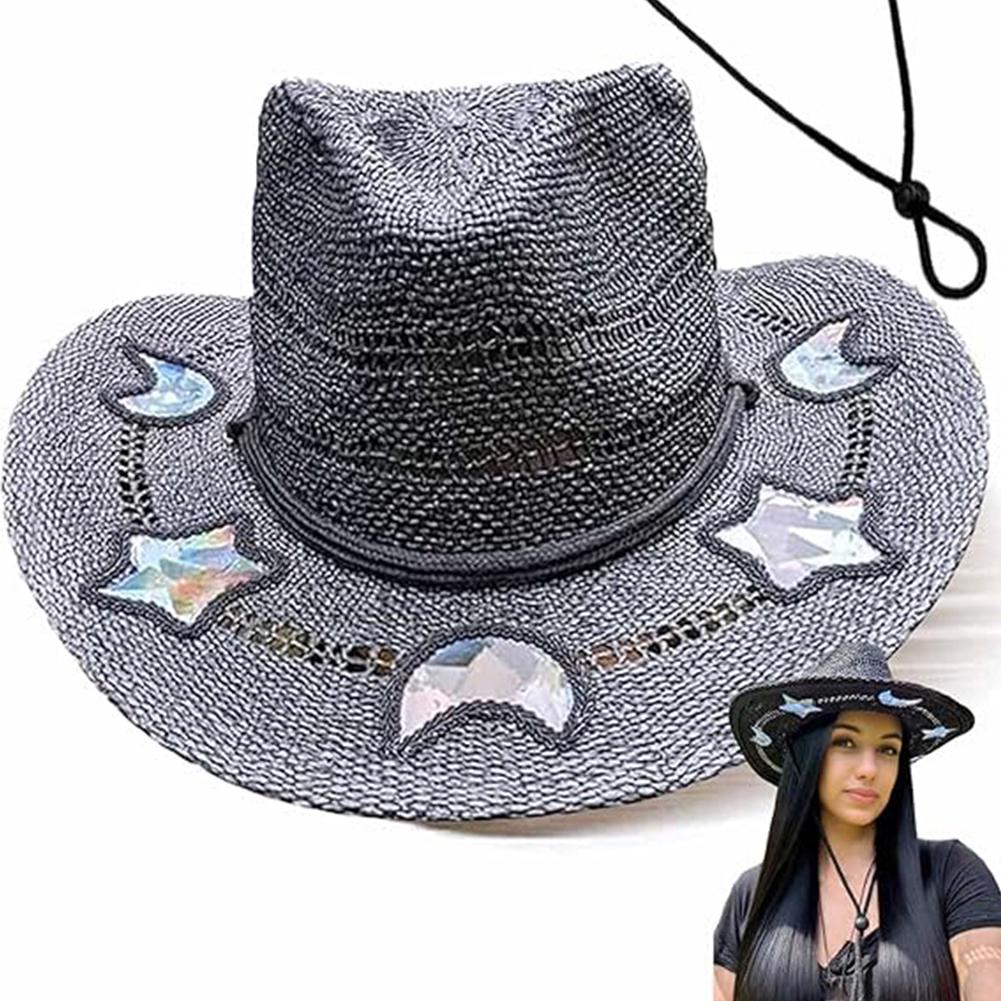 Straw Western Cowboy Hats for Women Girls Star/Moon Shapeable Cowgirl Hat Summer Outdoor Beach Sun Hat Vintage Jazz Hat