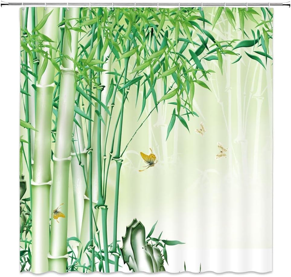 Bamboo Shower Curtain Green Bamboo Forest Tree Japanese Asain Art Rustic Wild Nature Plant Scenic Watercolor Fresh Spa