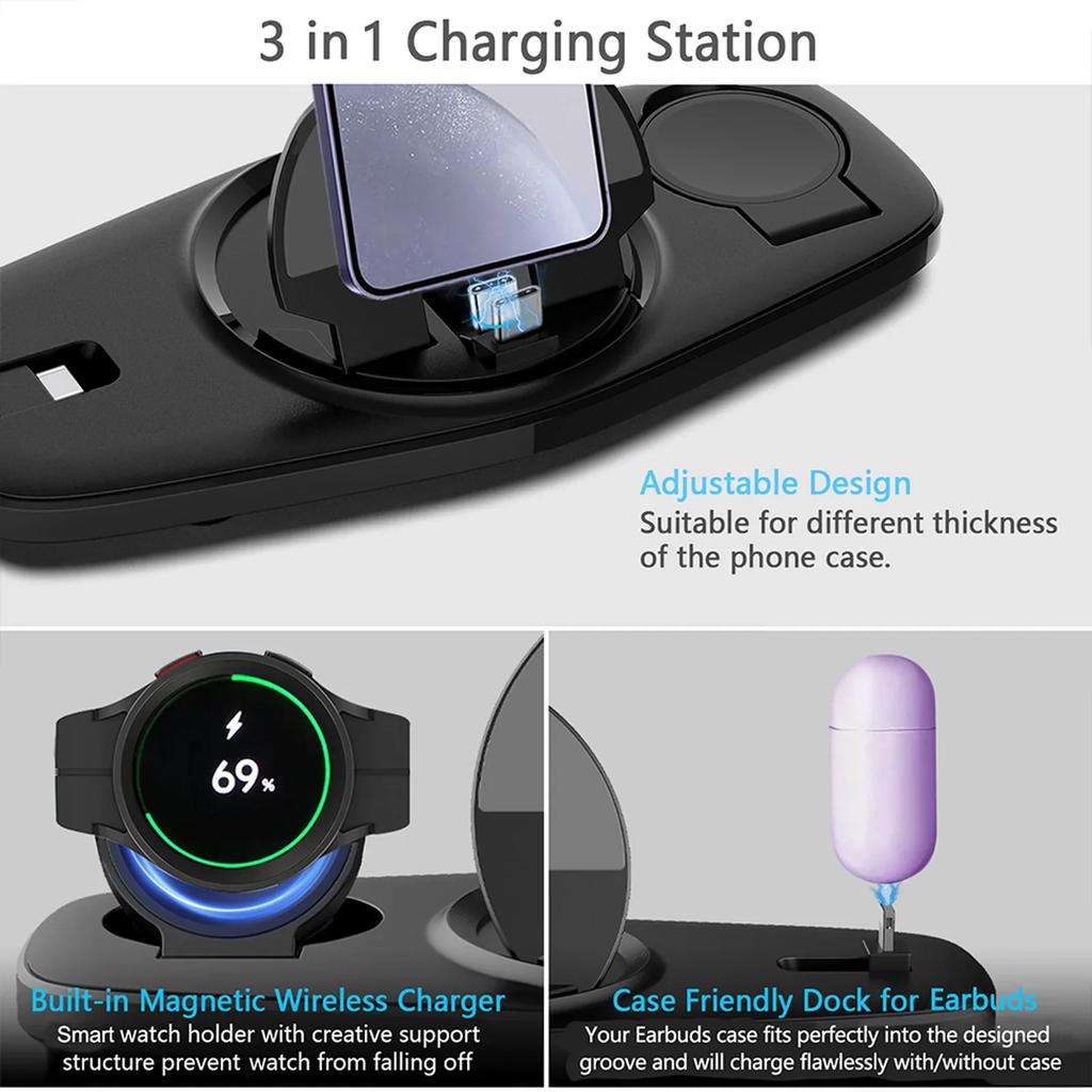 Foldable 3 In 1 Wireless Charger Stand Pad For Samsung S22 S21 S20 Galaxy Watch 5 4 Active 3/4 Earbud Fast Charging Dock Station