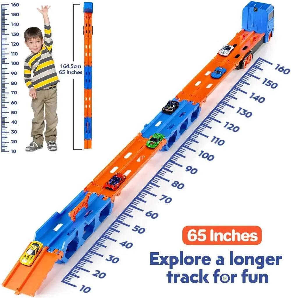 Transport Truck Toy 65-Inch Foldable Toddler Car Carrier for Boy Girl 9 in 1 Race Track and Die-Cast Truck Race Car Gift Vehicle