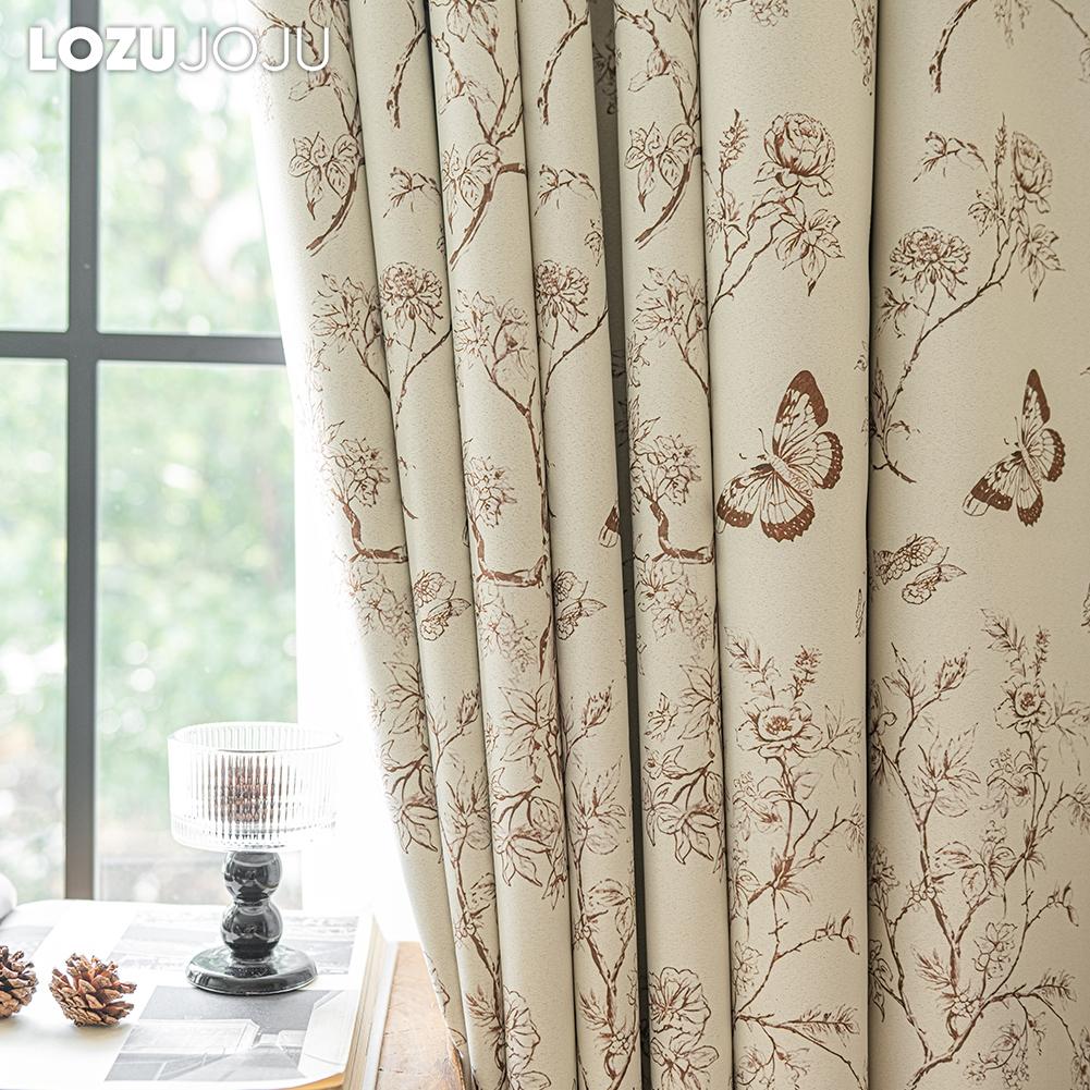 1PC LOZUJOJU French Retro Blackout Curtains with Butterfly Floral Print Curtains Thick Curtains for Bedroom Living Room Window for Home Decor