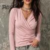 V-Neck Pleated Shirt Cross Long Sleeve Top for Women, Slim Fit Sexy Women Shirts Shirt, Fall Solid Color Casual Blouse Office Work Wear