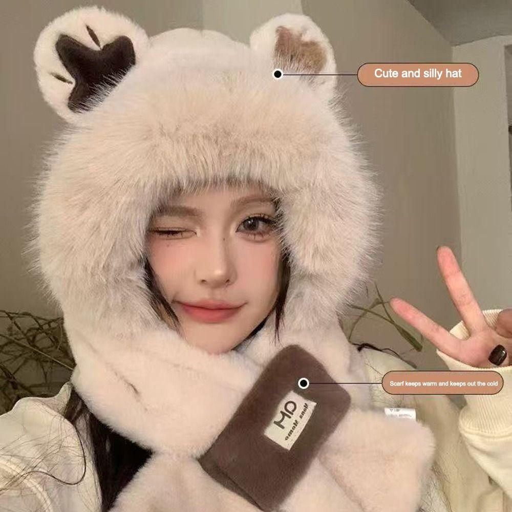 Windproof Integrated Cap Scarf Warm Neck Warmer Cute Ear Protection Cap  Outdoor