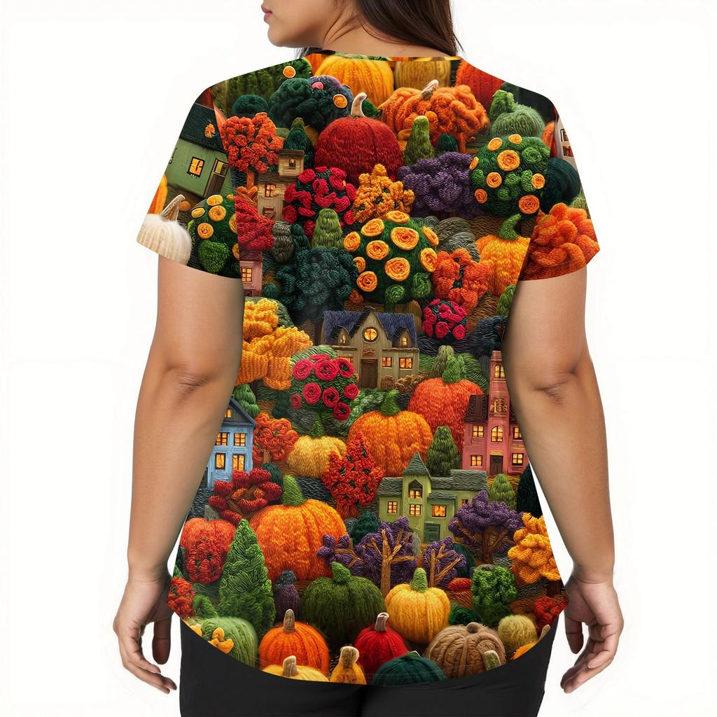 Damenmode V-Ausschnitt Kurzarm Arbeitskleidung mit Taschen Halloween bedruckte Tops