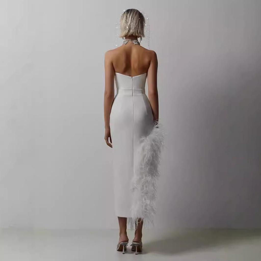 High-end European and American dress tube top high waist slit ostrich hair bandage skirt female