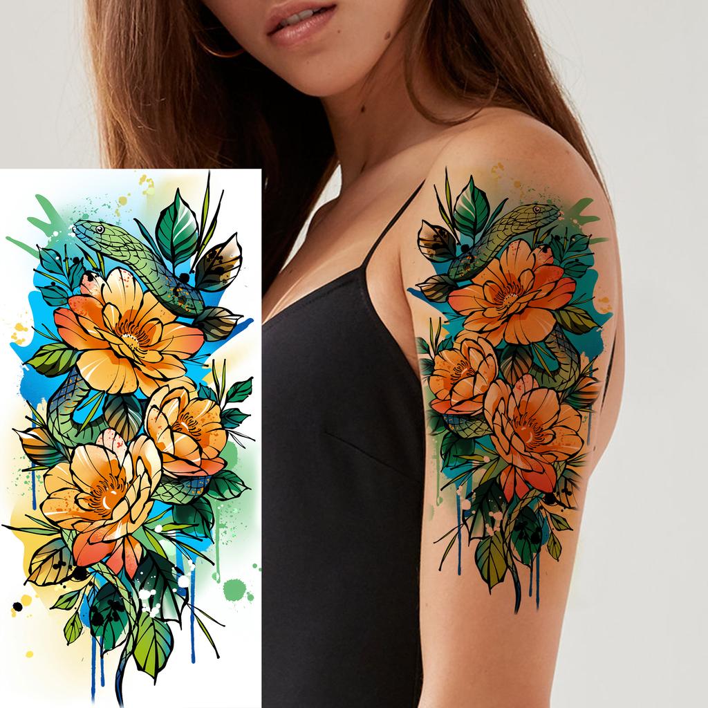1 Sheet Butterfly Watercolor Flower Tiger Temporary Tattoos For Women Men Adults Fake Phoenix Parrot Lotus Tattoo Sticker Sleeve