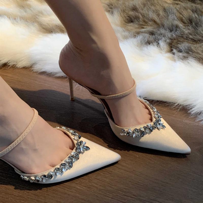 Summer new pointed rhinestone high heel fine heel champagne one word with sandals half drag cool slippers outer wear women