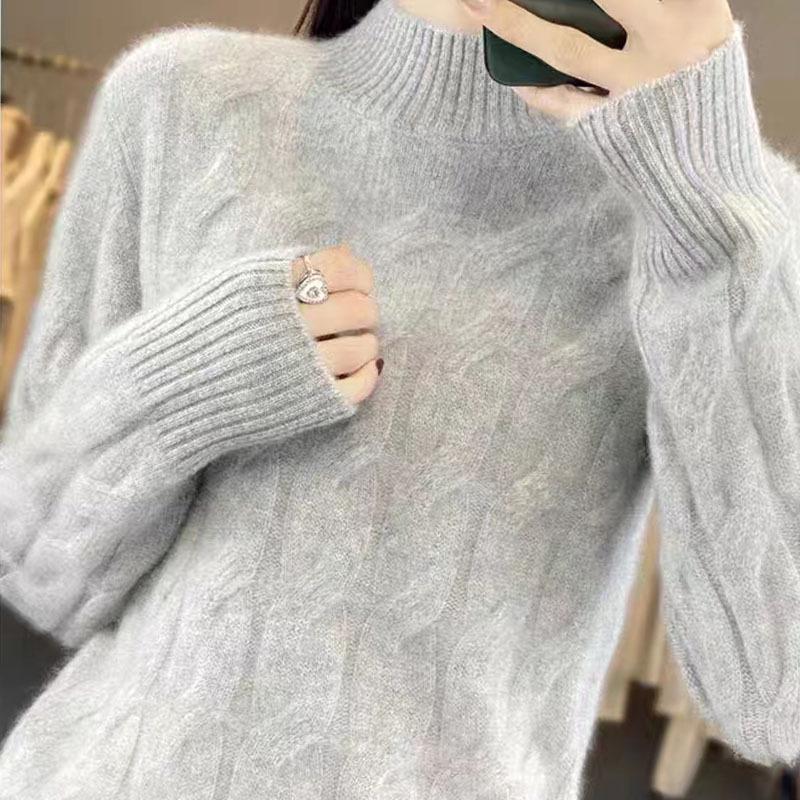 2024 Autumn/Winter Women's Stylish Thickened Cable Knit Wool Sweater - Half-High Neck, Soft & Warm Knitwear Base Layer