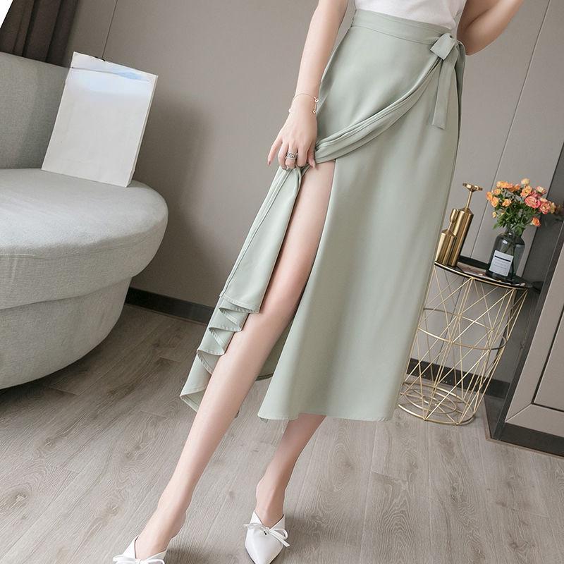 

Женская плиссированная юбка, шифоновая цельная ретро-юбка на шнуровке, летняя розовая женская пляжная юбка в корейском стиле с разрезом one size