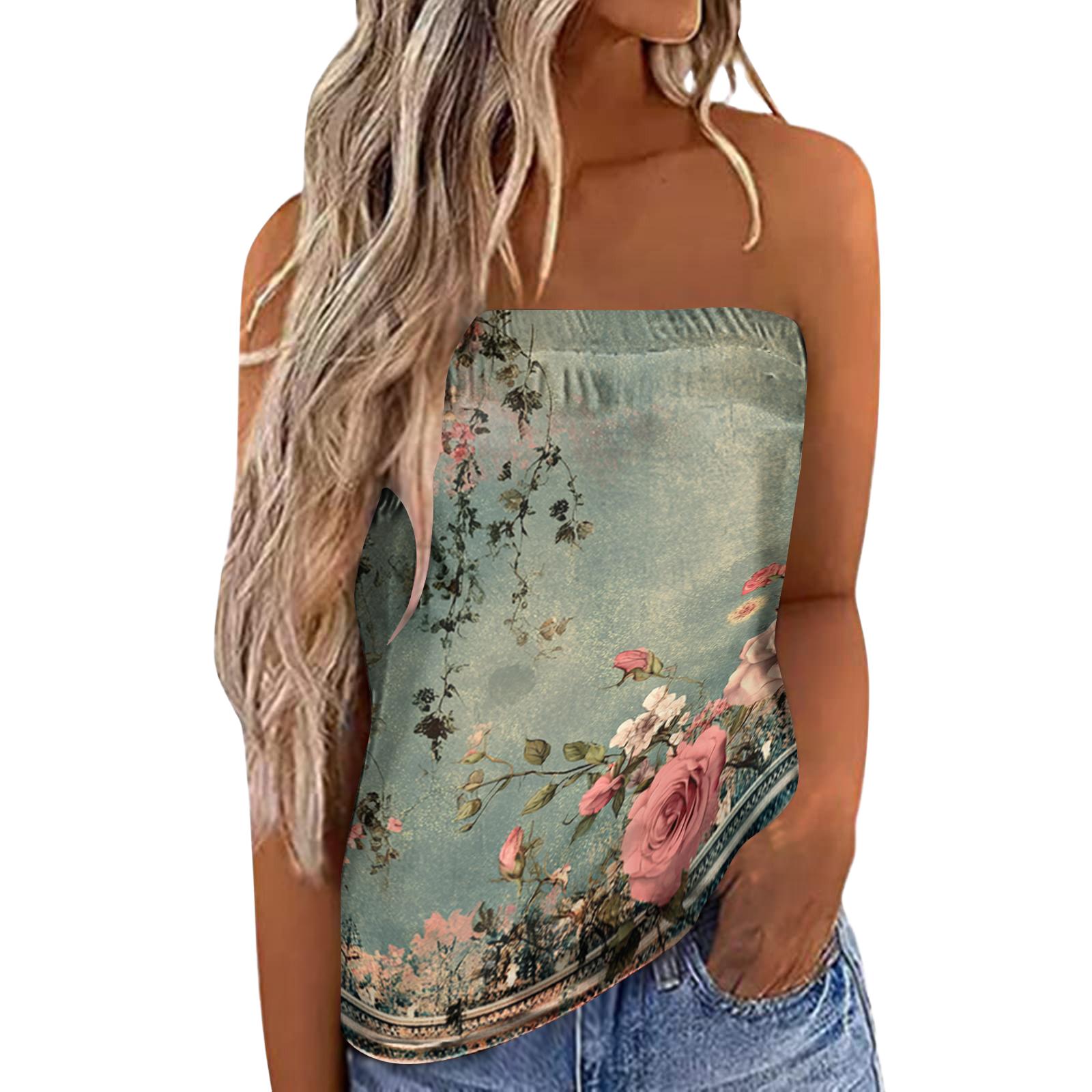 Women s Summer Sexy Strapless Off-Shoulder Elastic Band Floral Print Top L