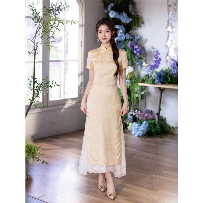 New Chinese-style improved cheongsam women's 1011 spring and summer new light apricot jacquard long slim and thin temperament dress