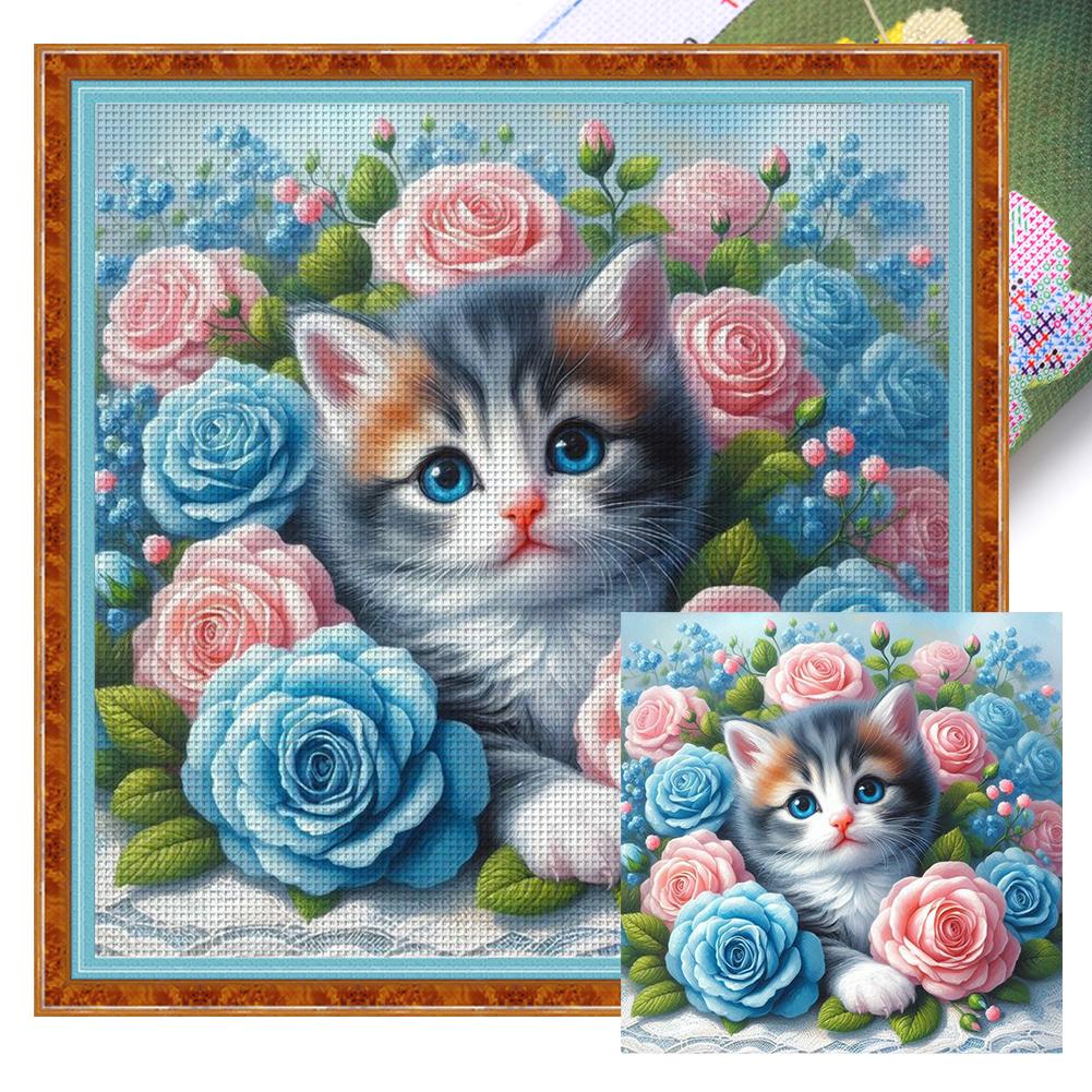 Full Embroidery Eco-cotton Thread 11CT Printed Flower Cat Cross Stitch Kit Art