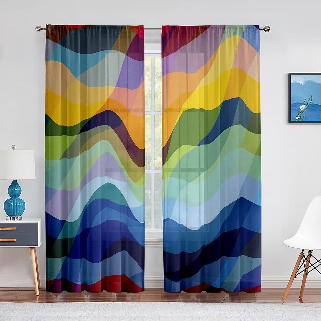 Abstrakt konst Färgglada vågor Ränder Geometriska tyllgardiner för vardagsrum Sovrumsinredning Skir voilegardin Fönsterdekorationer