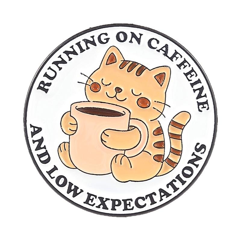 Coffee Cat Enamel Pins Set Whimsical Round Cat Coffee Quote Brooches Cute Tabby Cat Lapel Badges Jewelry Gift For Friends