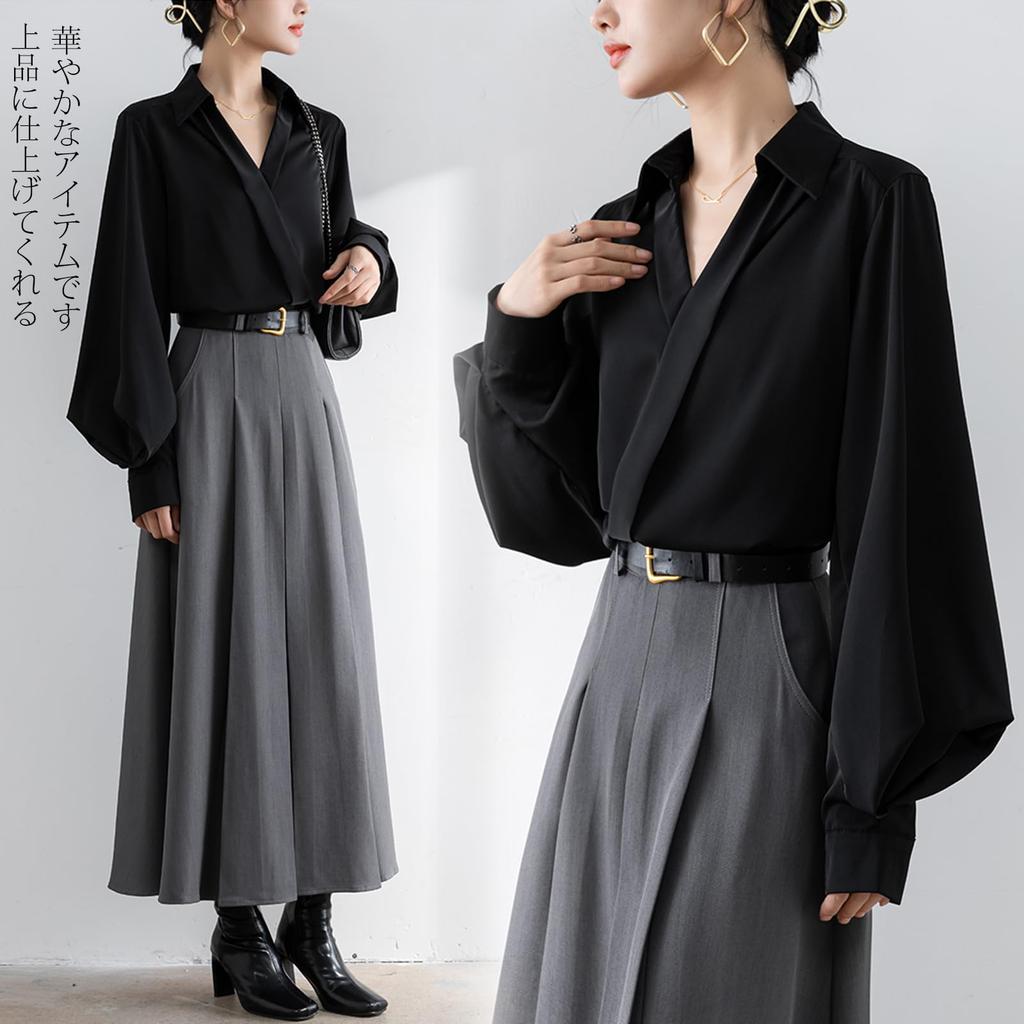 Long Sleeve Chiffon Blouse with Balloon Loose Plus Sizes Korean Autumn [POGCZMKK] Women's Shirt, V-Neck Sleeves, Cute, Slimming, Fit, Available,