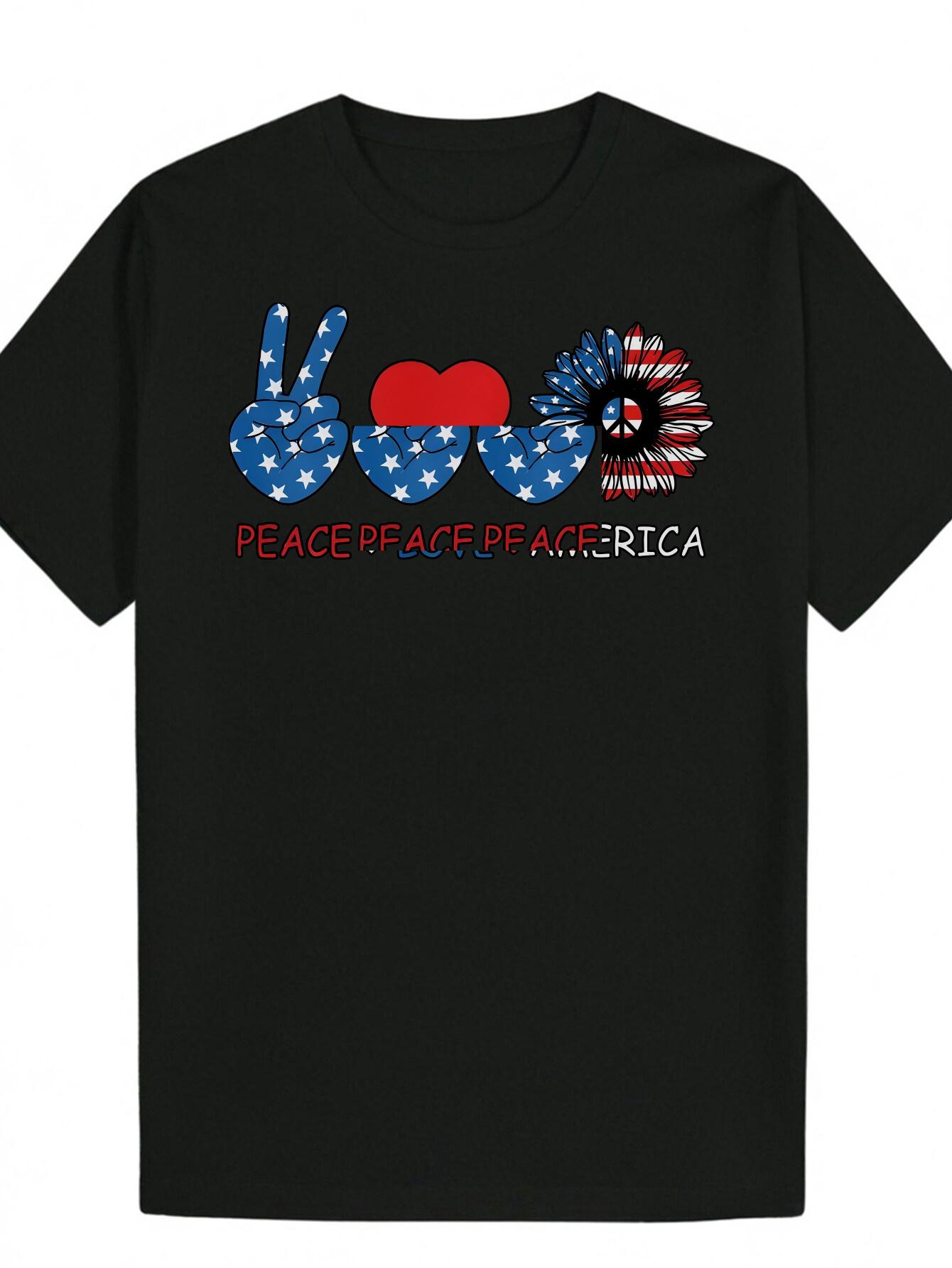 Casual Summer Graphic T-shirt - Peace Sign & American Flag Design S