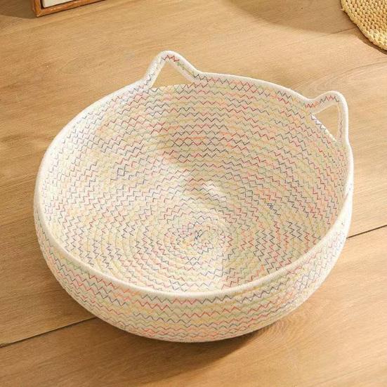 Cat Bed Basket Cotton Rope Pet Bed with Cat Ear Design Handwoven Sleeping Basket for Cats Puppies Rabbits Small Pets