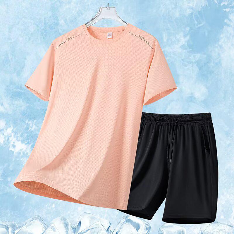 2025 Men's Plus Size Quick-Dry Fitness Running Set - Breathable Ice Silk Short Sleeves for Summer