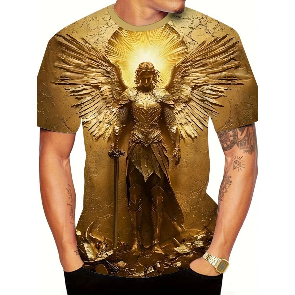 Mens 3d Angel Warrior Graphic T Shirt Golden Sword Design 3D Printed Tshirt For Men Clothes Wing Ornate Border Unisex Tee Tops