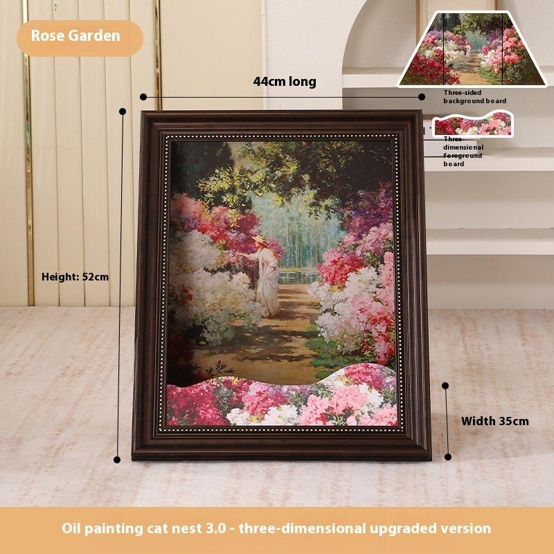 Iris Oil Painting Cat Bed with Replaceable 3D Frame Cat Scratching Board Creative Pet House Scratcher for Cats